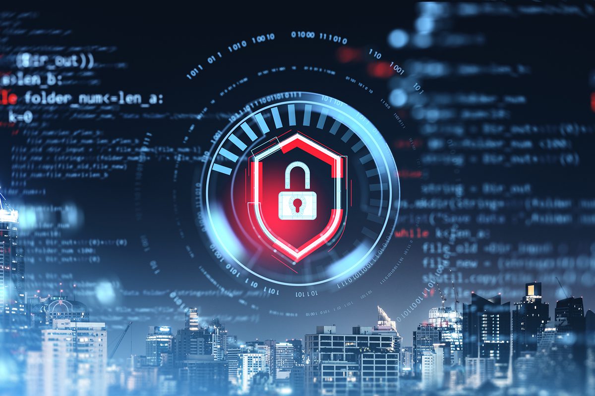 Cybersecurity concept with city background
